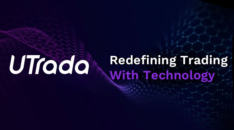 A UTrada banner featuring a dark background with a futuristic hexagonal pattern and the tagline "Redefining Trading With Technology" in white and purple text.