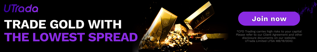 A promotional banner by UTrada featuring gold bars and a call to action to "Trade Gold with the Lowest Spread." The banner includes a purple button with "Join now" and a disclaimer about CFD trading risks.